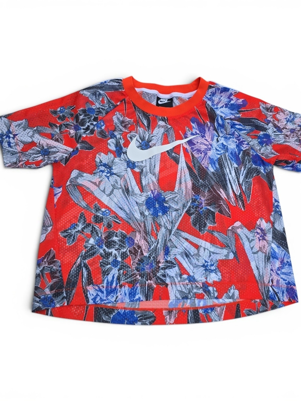 NIKE Womens Medium Red Floral Mesh Crop Top Sportswear Jersey Taping